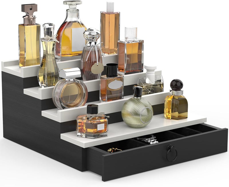 upcessory Cologne Organizer for Men, 4 Tier Black Wood Perfume Organizer with Felt Lining Drawer and Hidden Compartment, Perfume Display Holder, A Gift for Men - Image 1